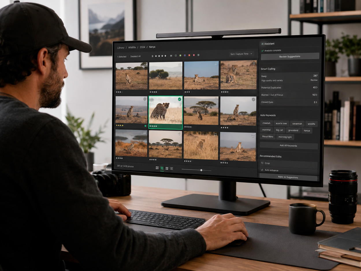 Photographer using AI tools for editing workflow and image organization