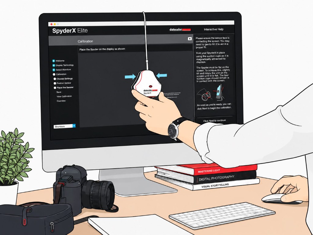 Placing a Datacolor Spyder flat against the monitor inside the on-screen outline
