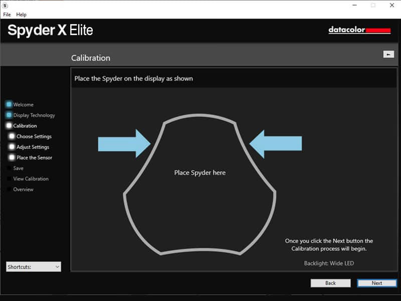 Spyder X Elite calibration screen showing where to place the Spyder on the display